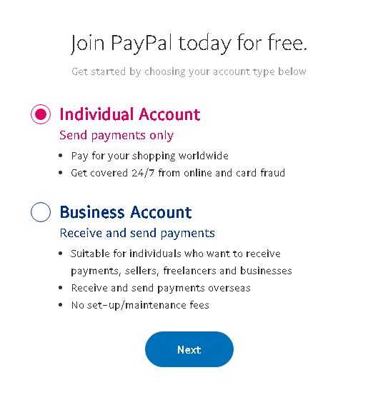 pay pal Individual Account or business Account type