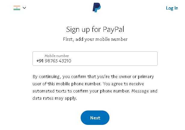 register mobile on paypal