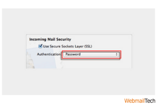 Select “password” for Authentication and the “SSL” option under the outgoing mail security section.